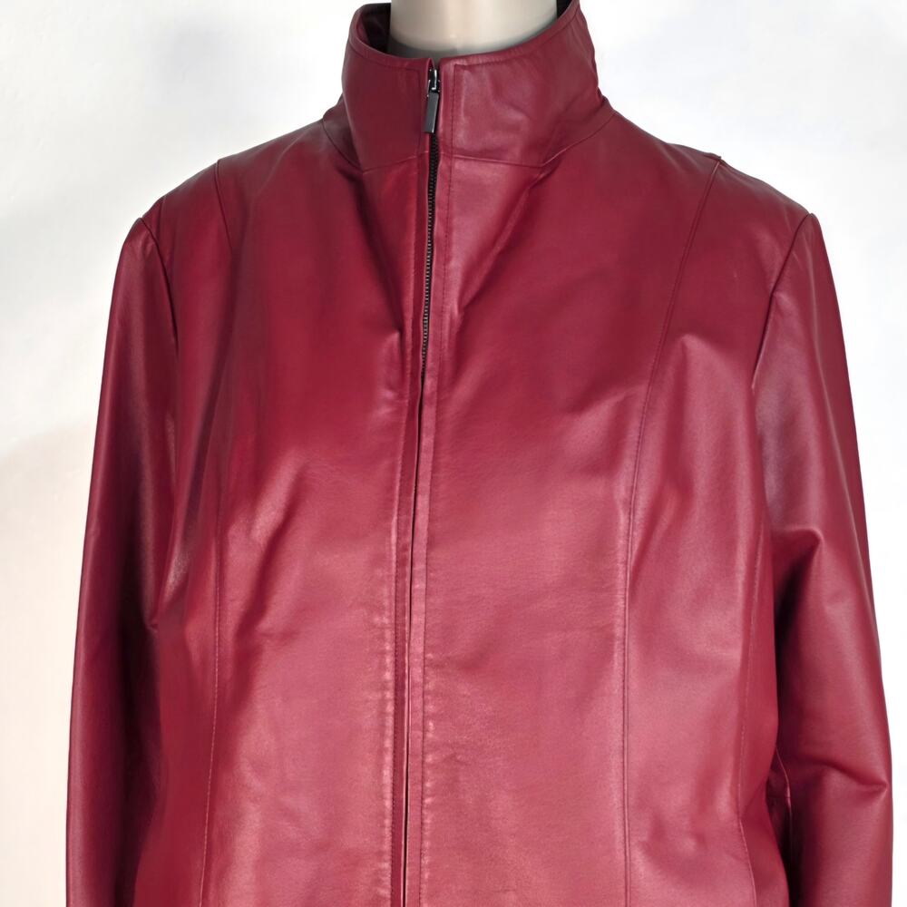 Burgundy Genuine Leather Funnel Neck Zip Jacket Plus Size
